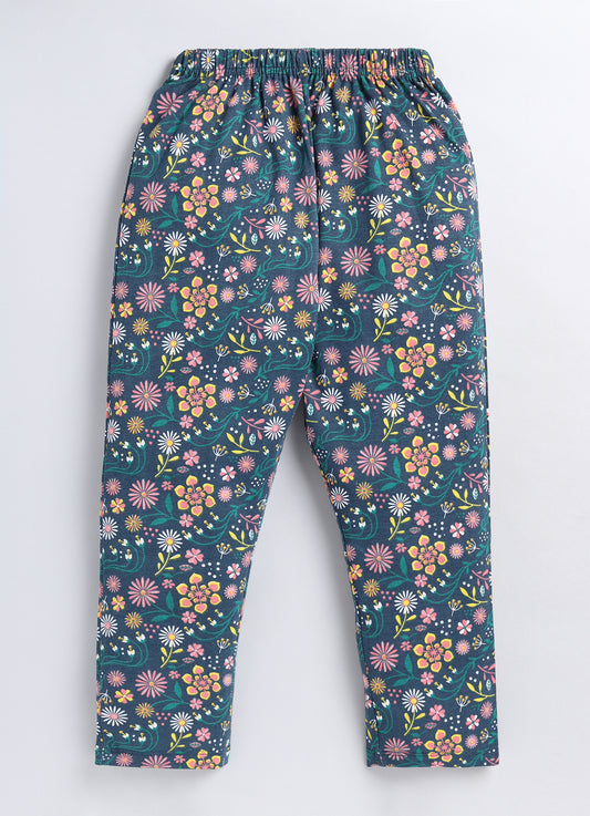 Blue Flower Pyjama Cotton Pants For Girls