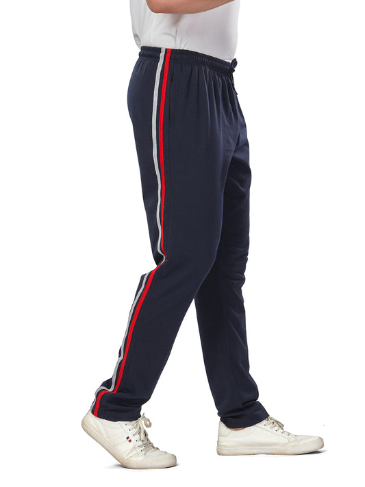 Navy Cotton Track Pant for Mens - Side Panel Red & White color