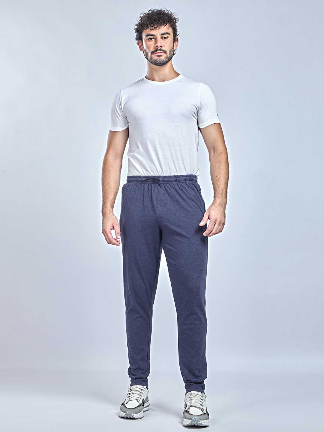 Double Folded Tape Blue Melange Cotton Track Pants for Men – Soft & Comfortable