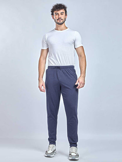 Double Folded Tape Blue Melange Cotton Track Pants for Men – Soft & Comfortable