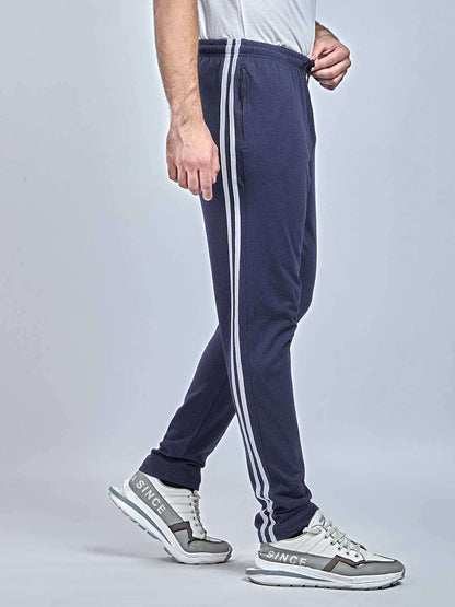 Double Folded Tape Blue Melange Cotton Track Pants for Men – Soft & Comfortable