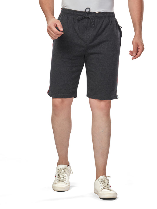 Red & White Piping with Net folding Black Melange Cotton Shorts For Men