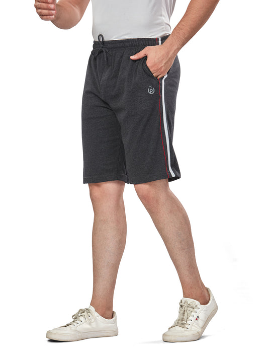 Red & White Piping with Net folding Black Melange Cotton Shorts For Men