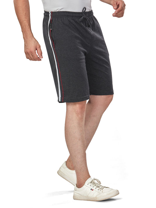 Red & White Piping with Net folding Black Melange Cotton Shorts For Men