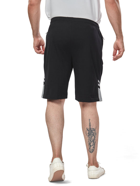 Black Color Cotton Shorts For Men - Side Panel & Grey Net Folding