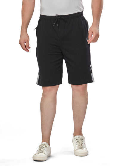 Black Color Cotton Shorts For Men - Side Panel & Grey Net Folding