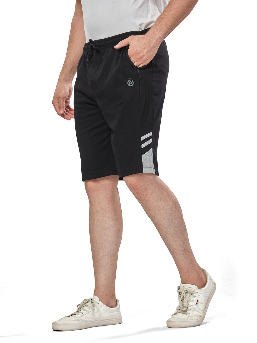 Black Color Cotton Shorts For Men - Side Panel & Grey Net Folding