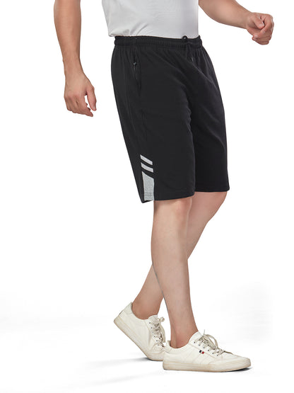 Black Color Cotton Shorts For Men - Side Panel & Grey Net Folding