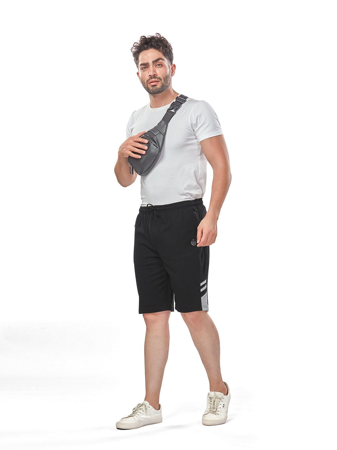 Black Color Cotton Shorts For Men - Side Panel & Grey Net Folding