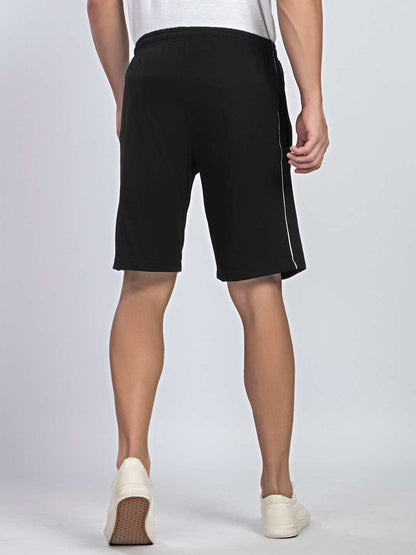 Side Panel & Piping Black Cotton Shorts For Men