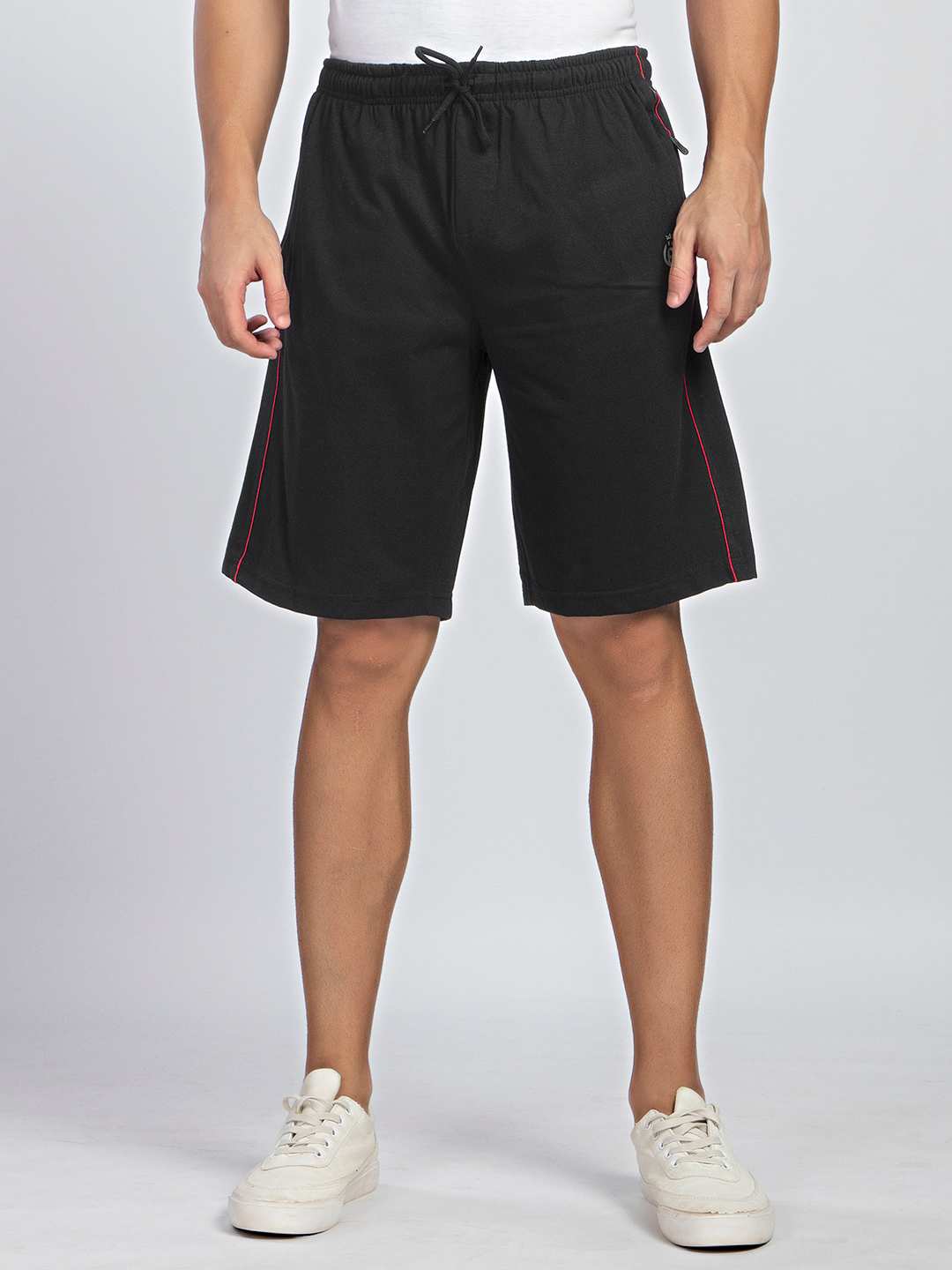 Side Panel & Piping Black Cotton Shorts For Men