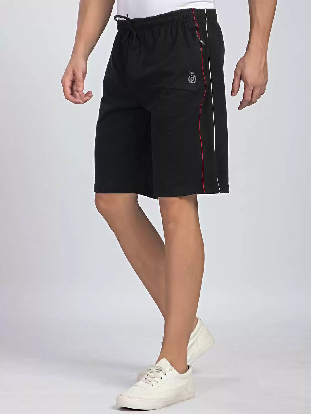 Side Panel & Piping Black Cotton Shorts For Men