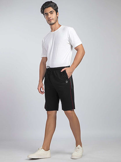 Side Panel & Piping Black Cotton Shorts For Men