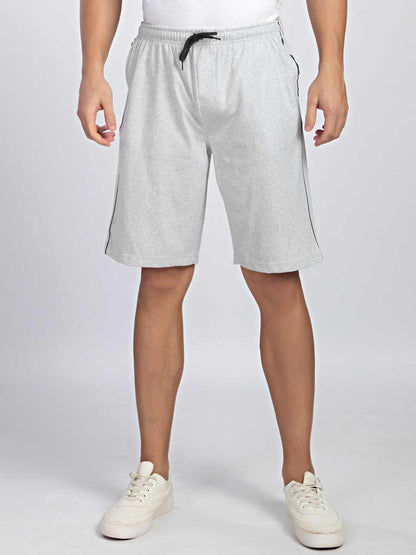 Side Panel & Piping White Melange Cotton Shorts For Men