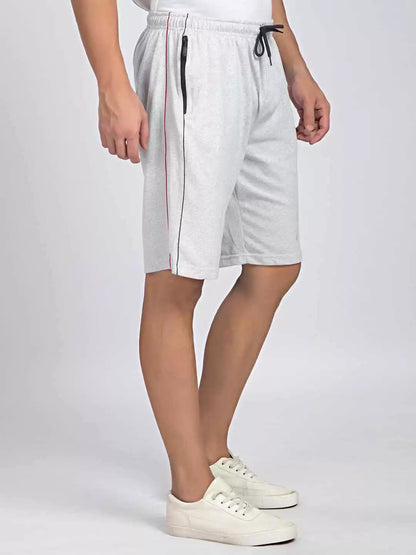 Side Panel & Piping White Melange Cotton Shorts For Men