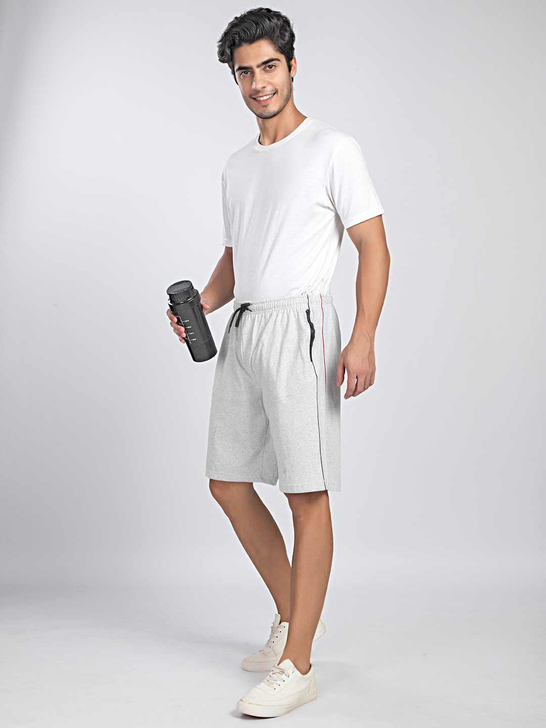 Side Panel & Piping White Melange Cotton Shorts For Men