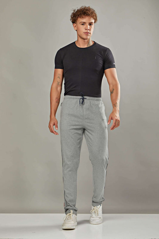 Front & Back Piping Grey Melange color Cotton Track Pant for Mens