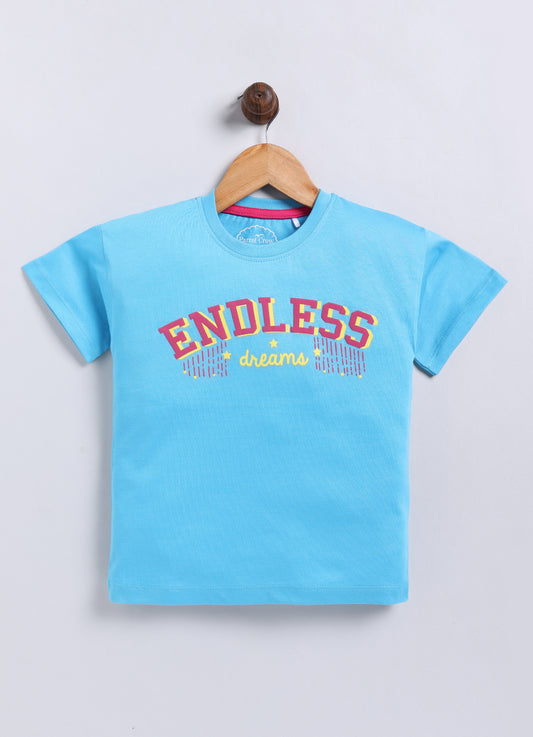 Endless Dreams Printed Cotton T-Shirt for Girls - Blue