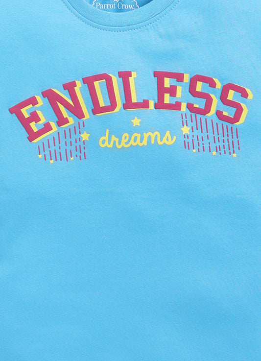 Endless Dreams Printed Cotton T-Shirt for Girls - Blue