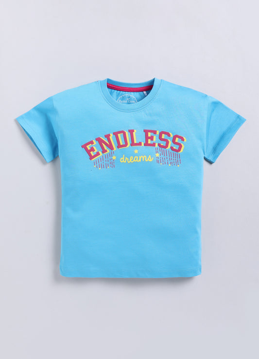 Endless Dreams Printed Cotton T-Shirt for Girls - Blue