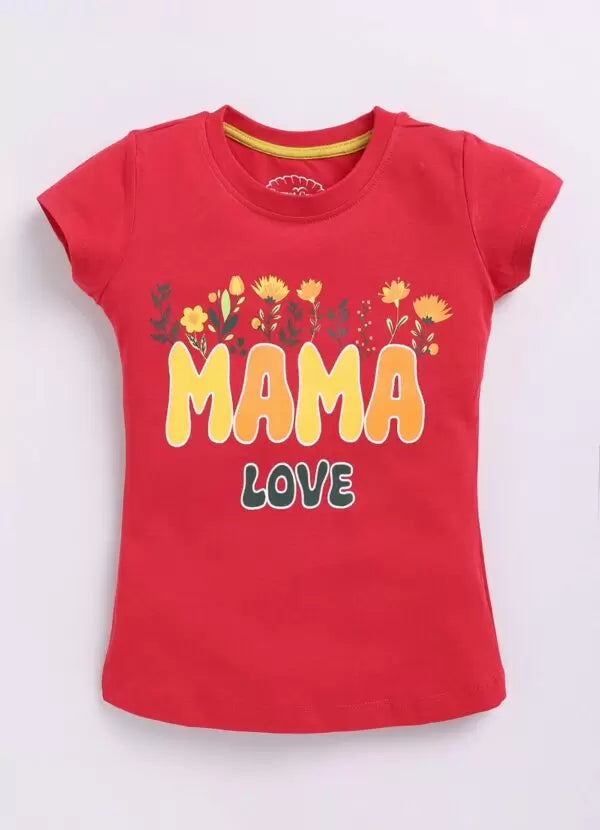 Mama Love Text Print Cotton Red T-Shirt for Girls – Soft & Stylish