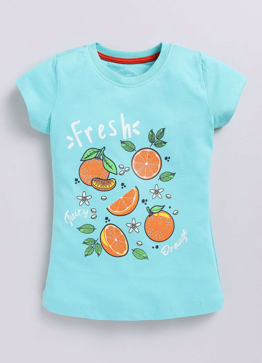 Juicy Fruit Printed Sky Blue Color Cotton T-Shirt for Girls