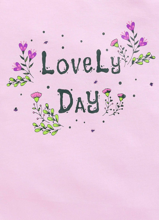 Lovely Day Text Print Cotton T-Shirt for Girls