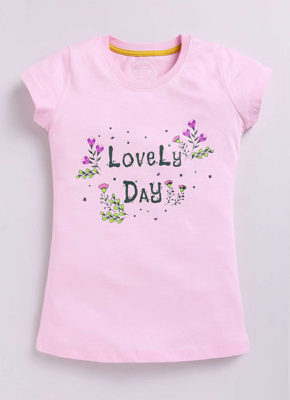 Lovely Day Text Print Cotton T-Shirt for Girls