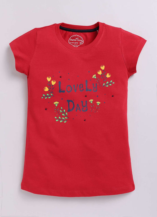 Lovely Day Text Print Cotton T-Shirt for Girls