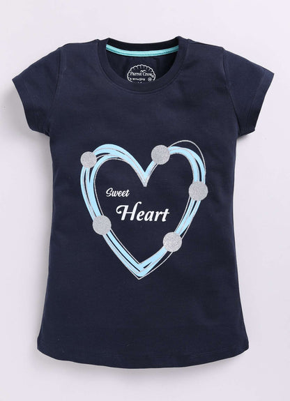 Sweet Heart Text Print Cotton Navy T-Shirt for Girls – Soft & Stylish