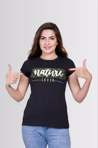 Nature Lover Printed Black Colour Round Neck Lycra T-shirts For Womens