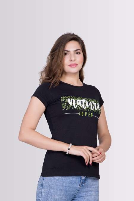 Nature Lover Printed Black Color Round Neck Lycra T-shirts For Womens