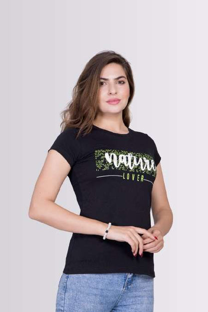 Nature Lover Printed Black Colour Round Neck Lycra T-shirts For Womens