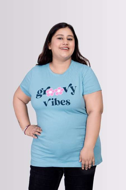 Groovy Vibes Printed Round Neck Lycra T-shirts For Womens