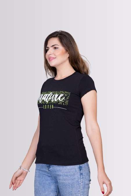 Nature Lover Printed Black Colour Round Neck Lycra T-shirts For Womens