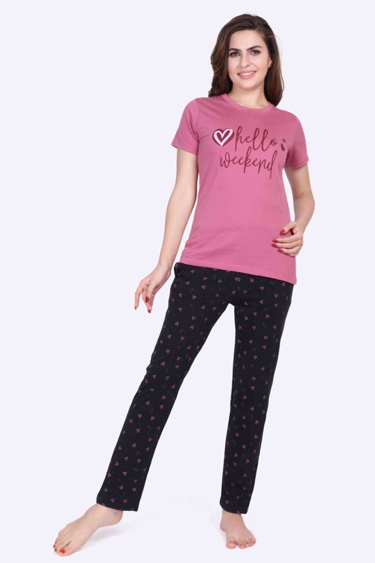 Women Night Suit Heart Printed Pink Top & Navy Pyjama Set