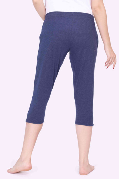 Women Navy Melange Stretch Lounge - 3/4 Yoga Pant With Side Pocket & Drawstring