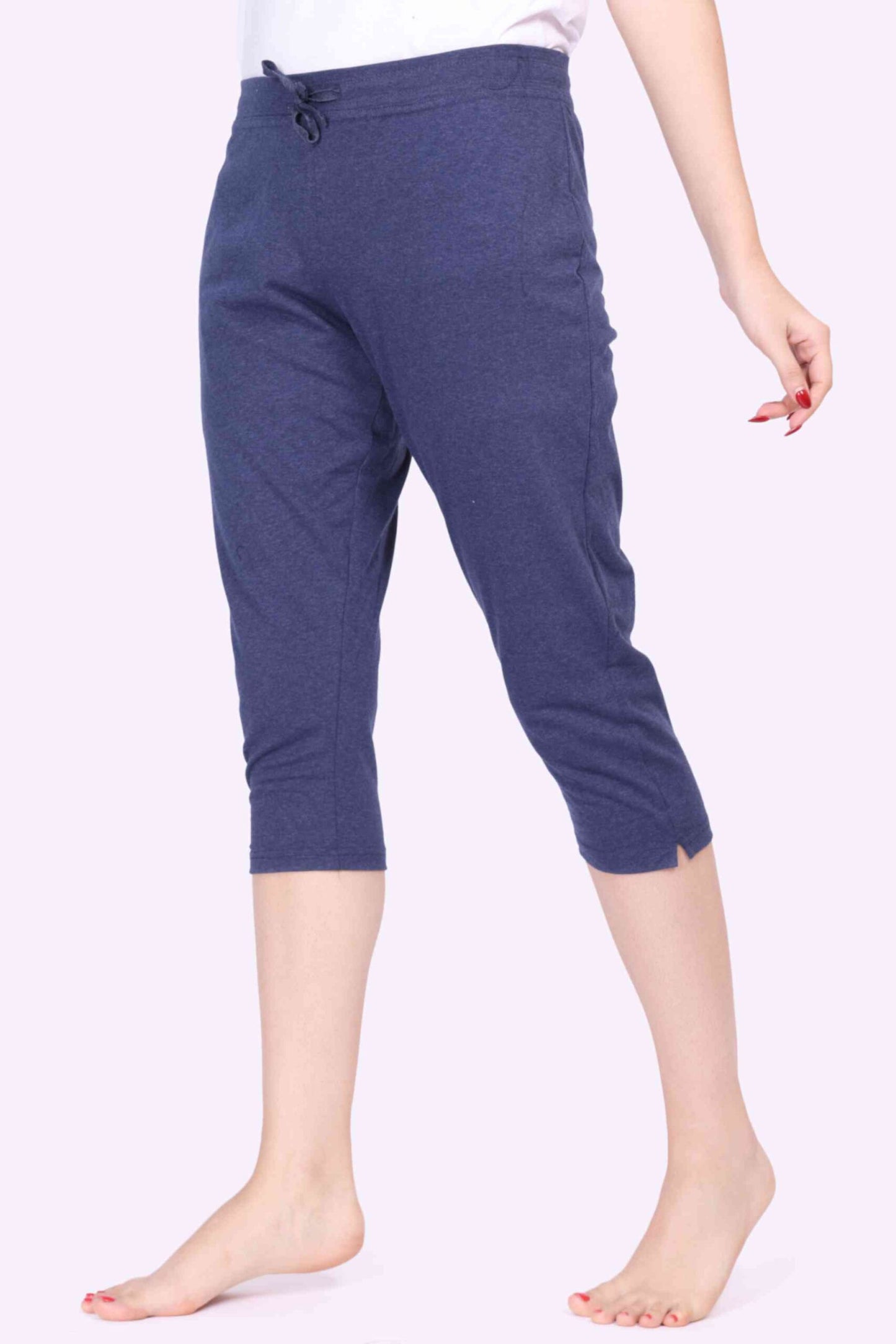 Women Navy Melange Stretch Lounge - 3/4 Yoga Pant With Side Pocket & Drawstring