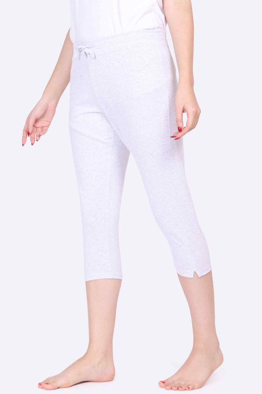 Women Ecru Melange Solid Fancy Stretch Lounge - 3/4 Yoga Pant  With Side Pocket & Drawstring