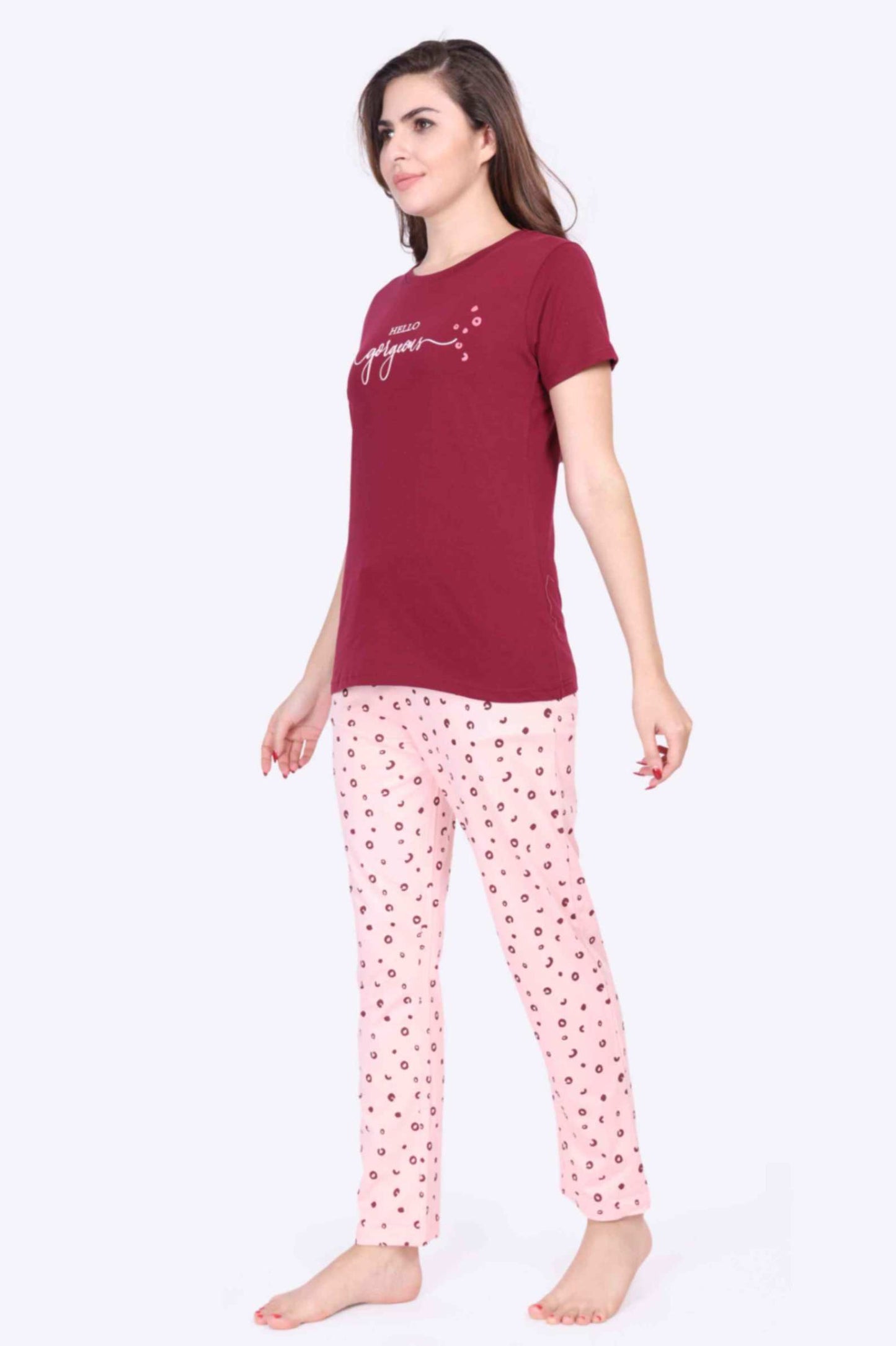 Women Night Suit Hello Gorgeous Printed Red Rose Top & Pink Pyjama Set