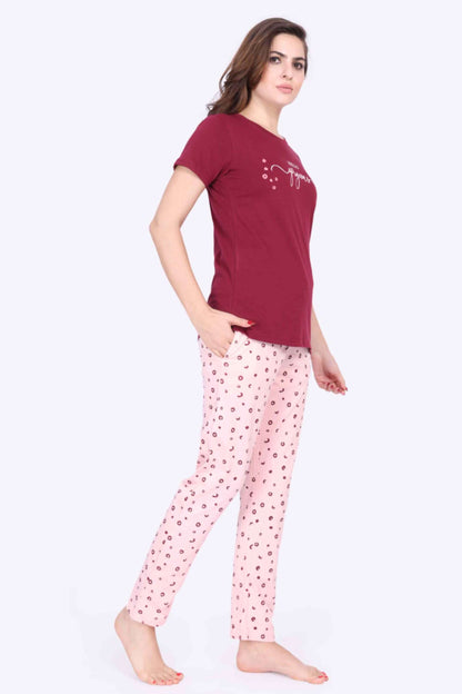 Women Night Suit Hello Gorgeous Printed Red Rose Top & Pink Pyjama Set