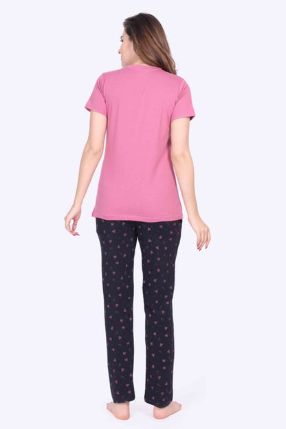 Women Night Suit Heart Printed Pink Top & Navy Pyjama Set