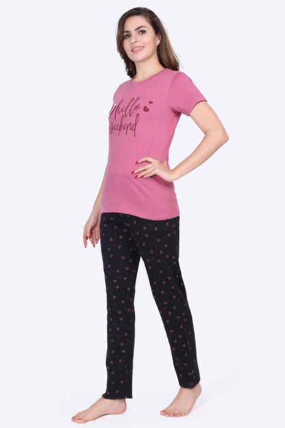 Women Night Suit Heart Printed Pink Top & Navy Pyjama Set