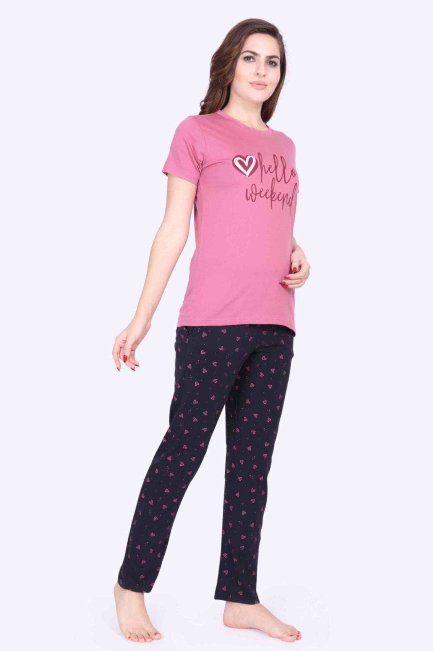 Women Night Suit Heart Printed Pink Top & Navy Pyjama Set