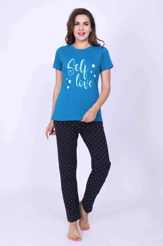 Women Night Suit Blue Color Self Love Printed Top & Dotted Print Grey Pyjama Pant