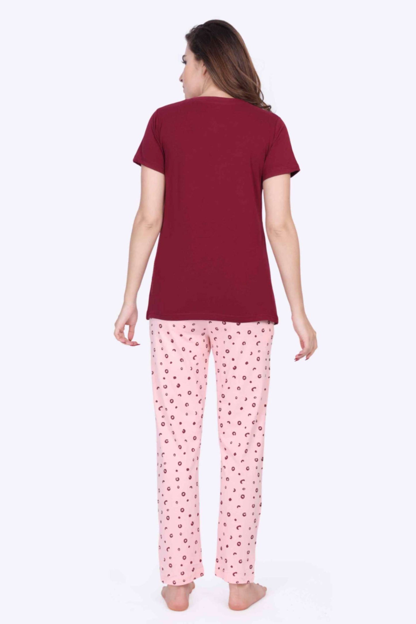 Women Night Suit Hello Gorgeous Printed Red Rose Top & Pink Pyjama Set