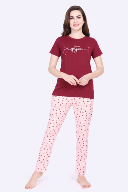 Women Night Suit Hello Gorgeous Printed Red Rose Top & Pink Pyjama Set