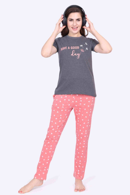 Women Night Suit Have a Good Day Printed Top & Mushroom Printed Pink Pyjama Set