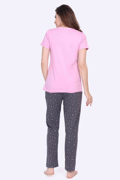 Women Night Suit Printed Pink Color Top & Star Printed Dark Grey Pyjama Set