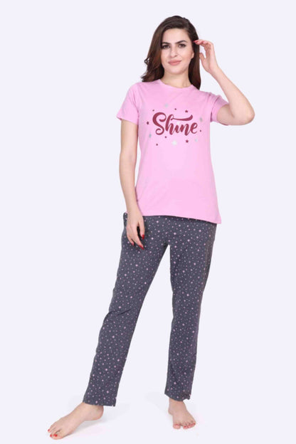 Women Night Suit Printed Pink Color Top & Star Printed Dark Grey Pyjama Set